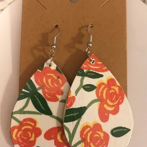 Floral rose wooden teardrop earrings handmade
